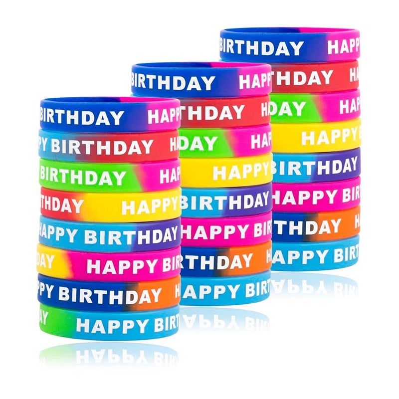 ARTLYMERS 24pcs Happy Birthday Rubber Bracelets, Colored Silicone Stretch Wristbands for Birthday Party Supplies Favors 8 Styles - Image 1